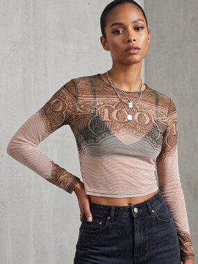 NIP | Sheer Mesh "100" Currency Print Top | Long Sleeve | Crew Neck | XL